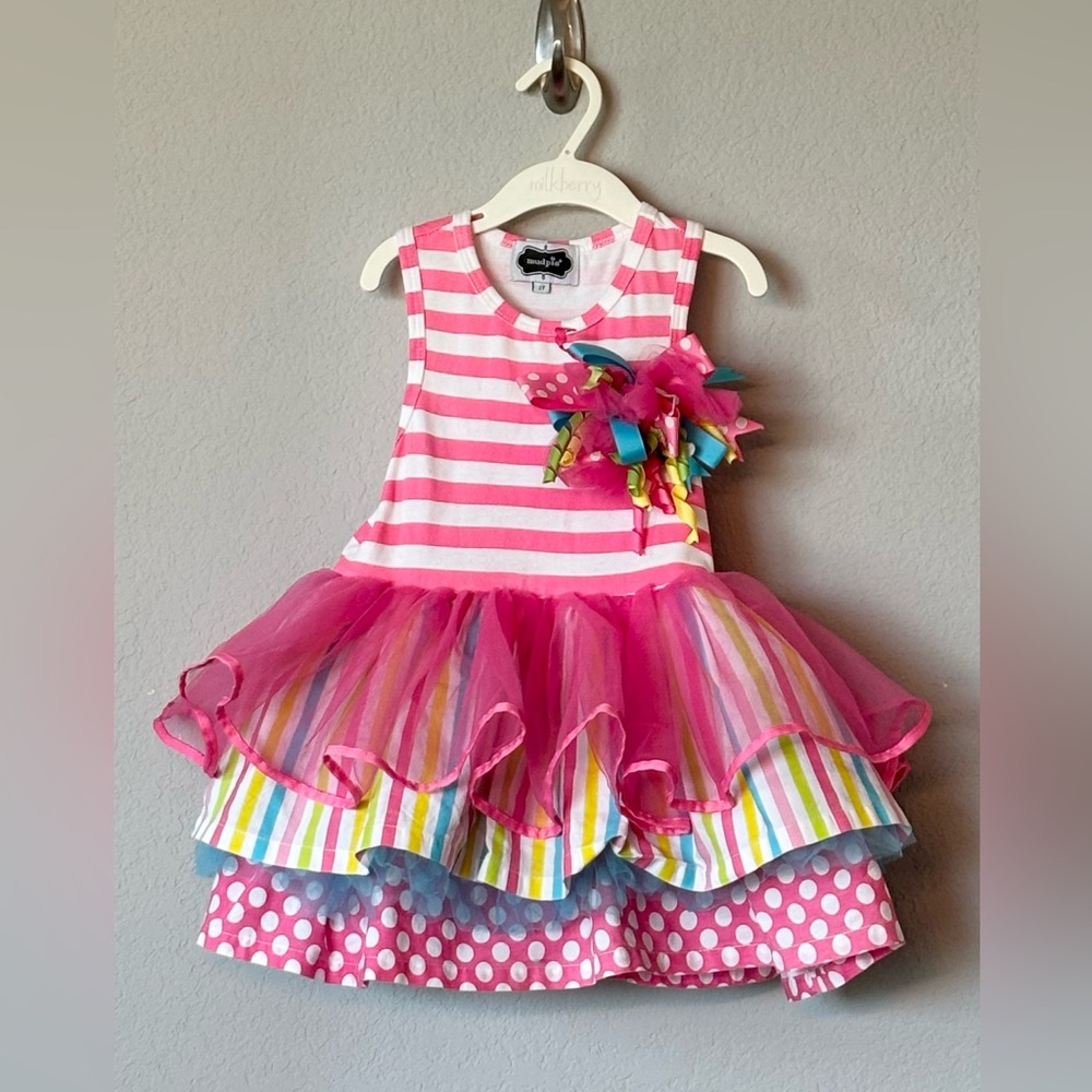 Mud Pie Boutique Party Dress 2T Pink Rainbow Tulle Birthday Ruffle